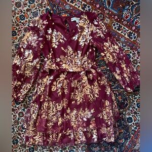 GORGEOUS NEW Floral Burgundy and Gold Foil Dress
